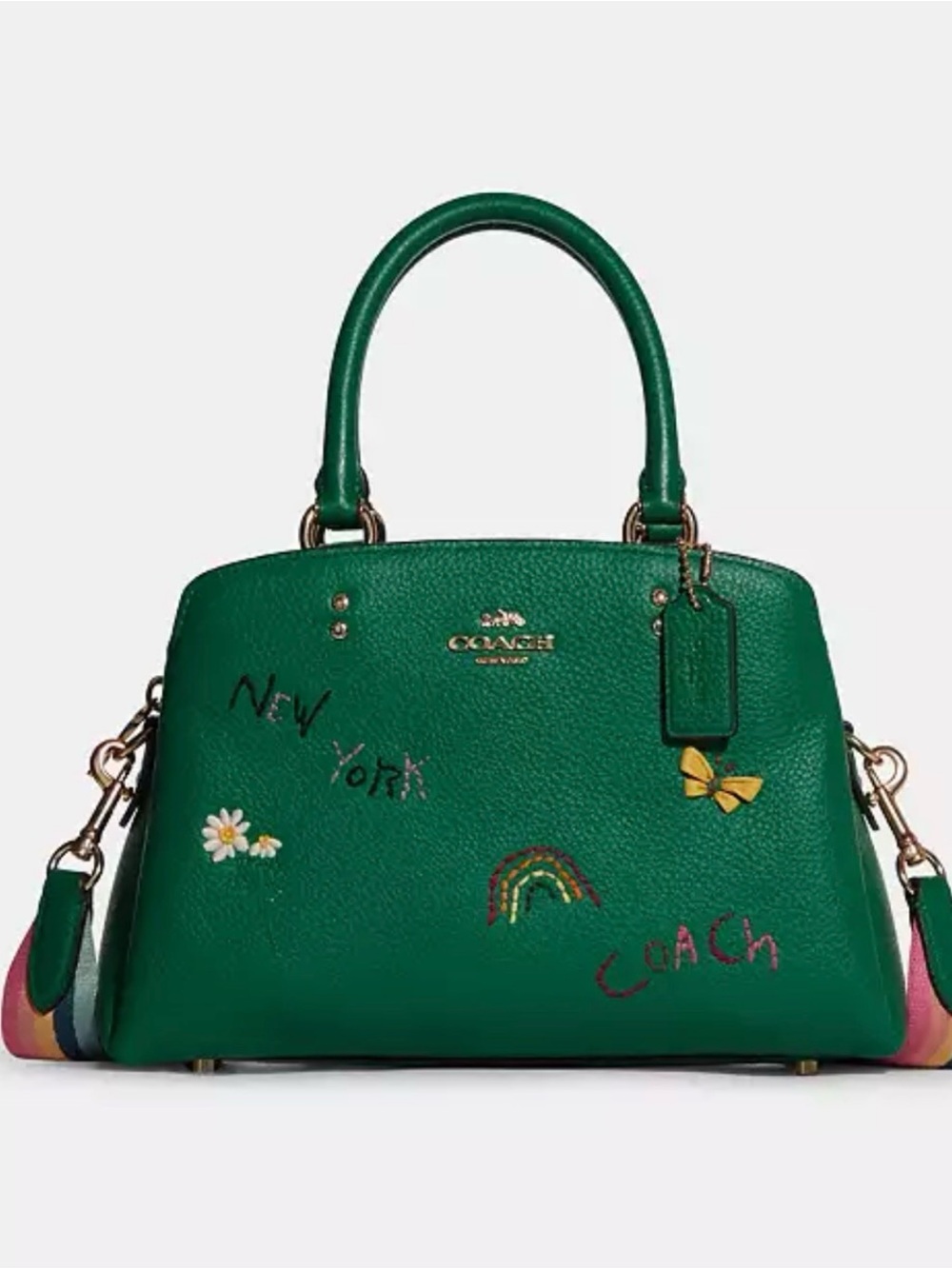 COACH Green Leather Satchel with Rainbow Striped Strap - Picture 2 of 11
